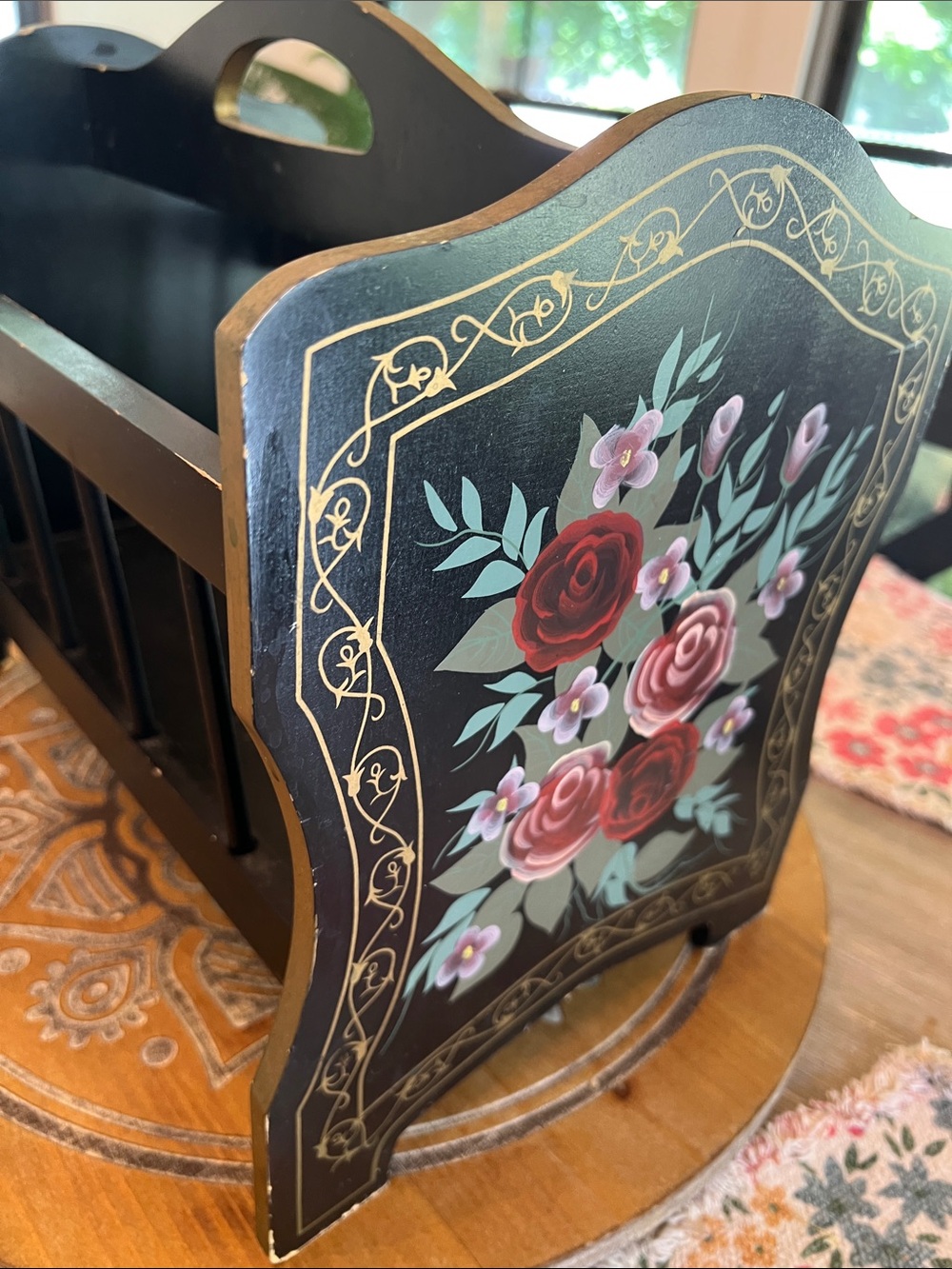 Vintage inspired Painted Floral Wooden Magazine Rack - Black and Red.